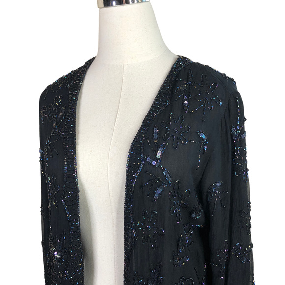 Vintage Judith Ann Embellished Blouse Black Silk Iridescent Sequins Beads Small - Picture 12 of 12